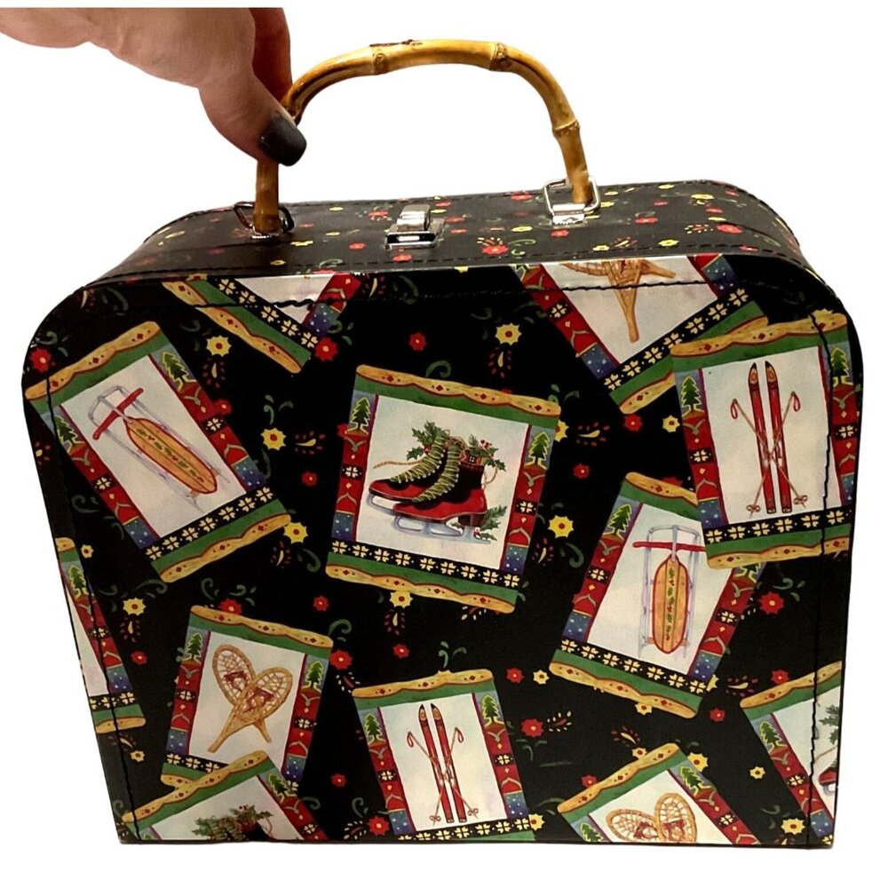 Wolferman's Winter Shoe Box Purse Black w/ Skates Sleds Ski Design Bamboo Handle